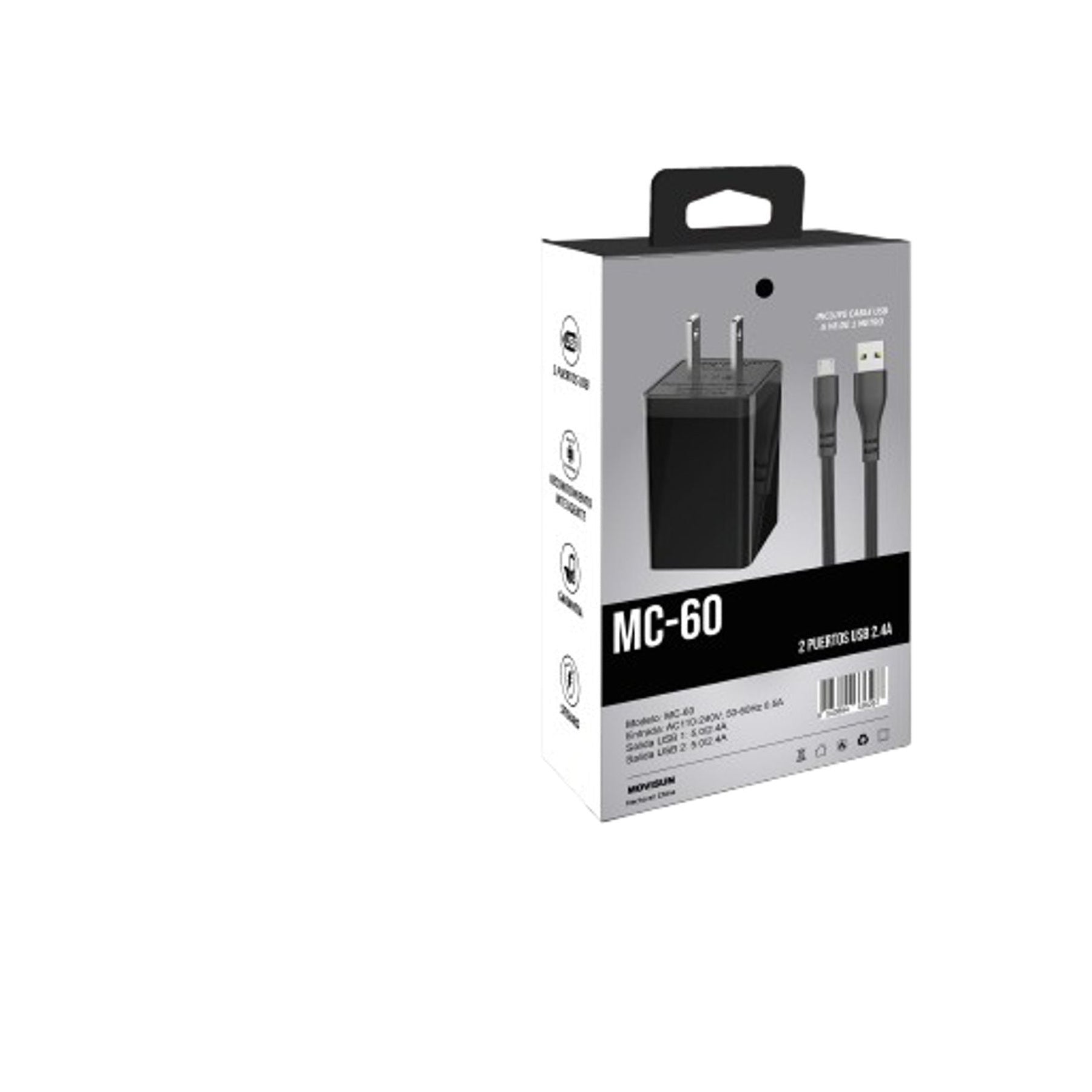 Carga dos dispositivos simultáneamente con el Cargador Movisun MC-60. Dos puertos USB de 2.4 amperios cada uno, compacto y confiable para hogar, oficina o viajes.