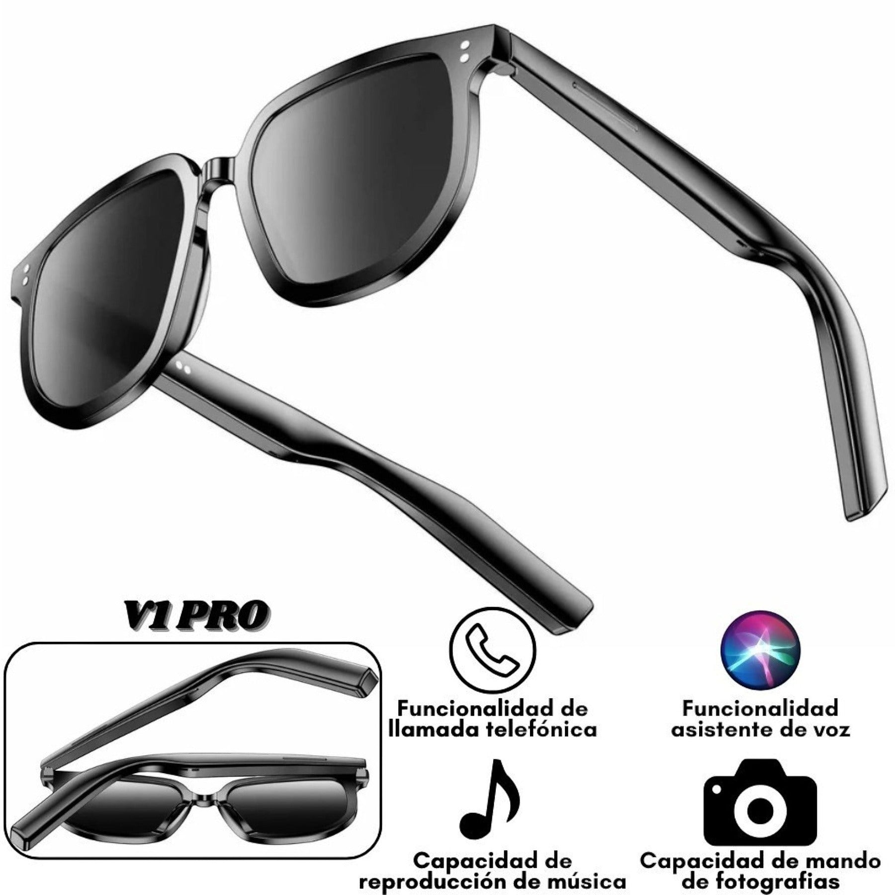 Escucha música, atiende llamadas y activa el asistente de voz desde tus gafas de sol. Las Gafas Inteligentes Bluetooth V1 Pro combinan conectividad inalámbrica y controles táctiles en las varillas para acompañarte durante el día.