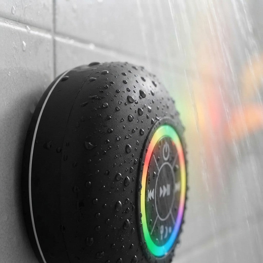 Parlante resistente a chorros de agua con luz RGB encendida