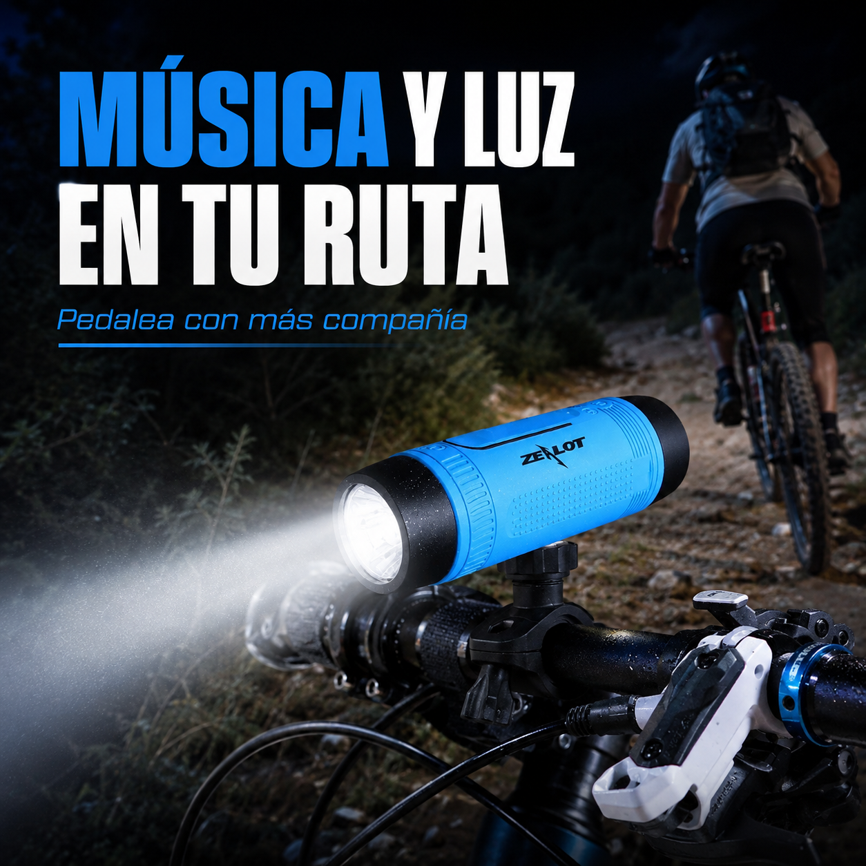Parlante Zealot S1 con linterna iluminando una ruta nocturna en bicicleta