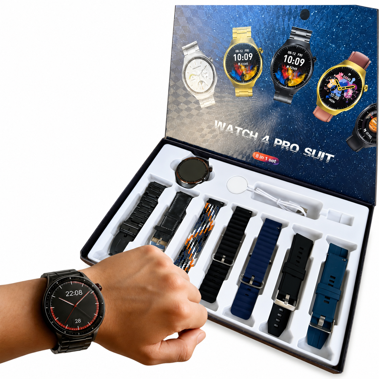 Cambia el estilo de tu reloj según la ocasión con este kit Watch 4 Pro Suit. Incluye un smartwatch redondo en acabado negro/grafito y siete correas intercambiables de diferentes colores y materiales.