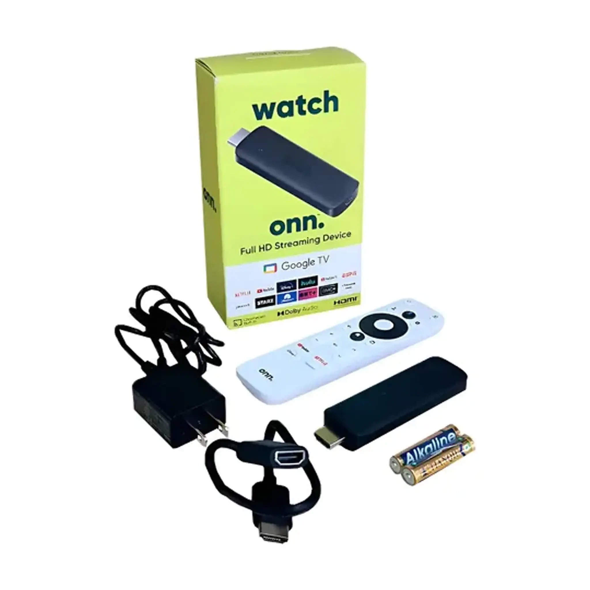 Contenido real de la caja Onn Google TV Full HD con accesorios